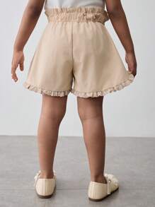 Maija Kids Maija Kids Young Girl's Summer Fashion Simple Casual Versatile Loose A-Line Style Light Khaki Ruffled Hem Solid Color Shorts - Khaki - View 2