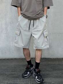 ROMWE MEN Street Life Men's Fashion Cargo Multi-Pocket Casual Loose Knee Length Shorts - Light Grey - View 1