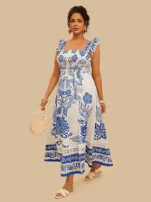 Travachic Vestido largo con estampado floral, aberturas laterales y mangas de tapeta para mujer de talla grande, estilo de vacaciones - Azul y blanco - Ver 5