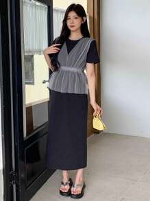 DAZY Gaun Midi Lengan Pendek Bermotif untuk Wanita, Musim Semi/Panas - Navy Blue - View 1