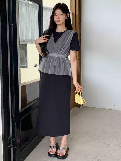DAZY Robe mi-longue à manches courtes imprimée pour femmes, printemps/été
