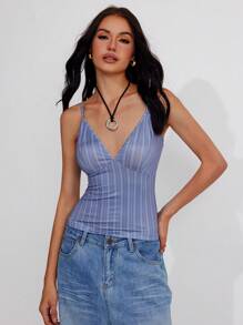 Roylia Fashion Versatile Casual Stripe Fitted Camisole - Blue - View 3
