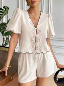 SHEIN Frenchy 2 件套女式夏季短款前系带上衣，喇叭袖和短裤套装 - 杏色 - 查看 4