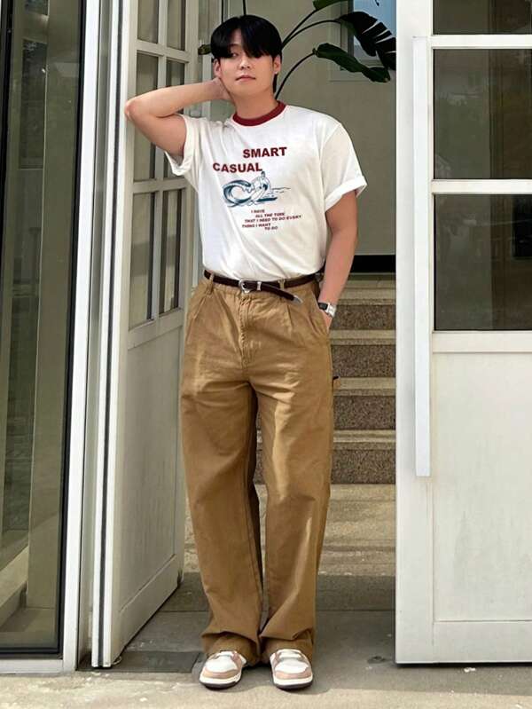 DAZY Summer Men's White T-Shirt With Red Surfing Print, Letter Graphics And Contrast Collar