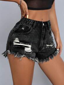 SHEIN PETITE 女式口袋做旧磨边休闲百搭牛仔短裤 - 灰色 - 查看 4