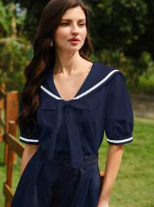 Vintamour Blusa elegante vintage para mujer, estilo marinero con contraste de color y lazo, casual para vacaciones, primavera/verano - Azul Marino - Ver 6