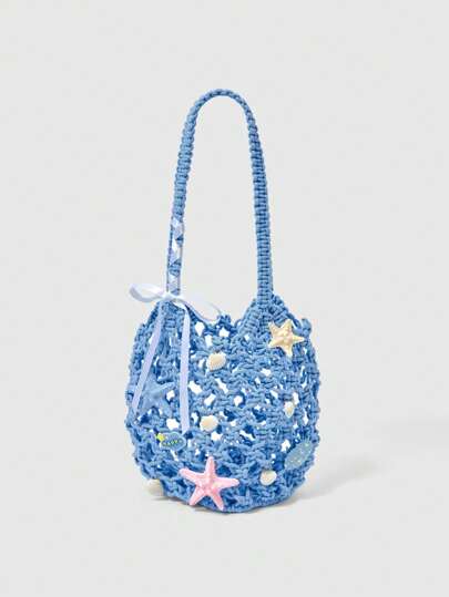 Fairycore 1 Set Blue Seashell & Starfish Woven One Shoulder Beach Bag & Accessory, Fashionable Personalized Beach & Resort Style Tote Bag For Women (Includes 1 Bag And 1 Accessory Set)