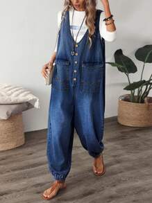 EMERY ROSE Women Front Button Sleeveless Pockets Casual Jumpsuit - Dark Wash - View 5