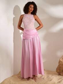 Opulessa Abito da donna elegante con vita arricciata e pizzi a contrasto