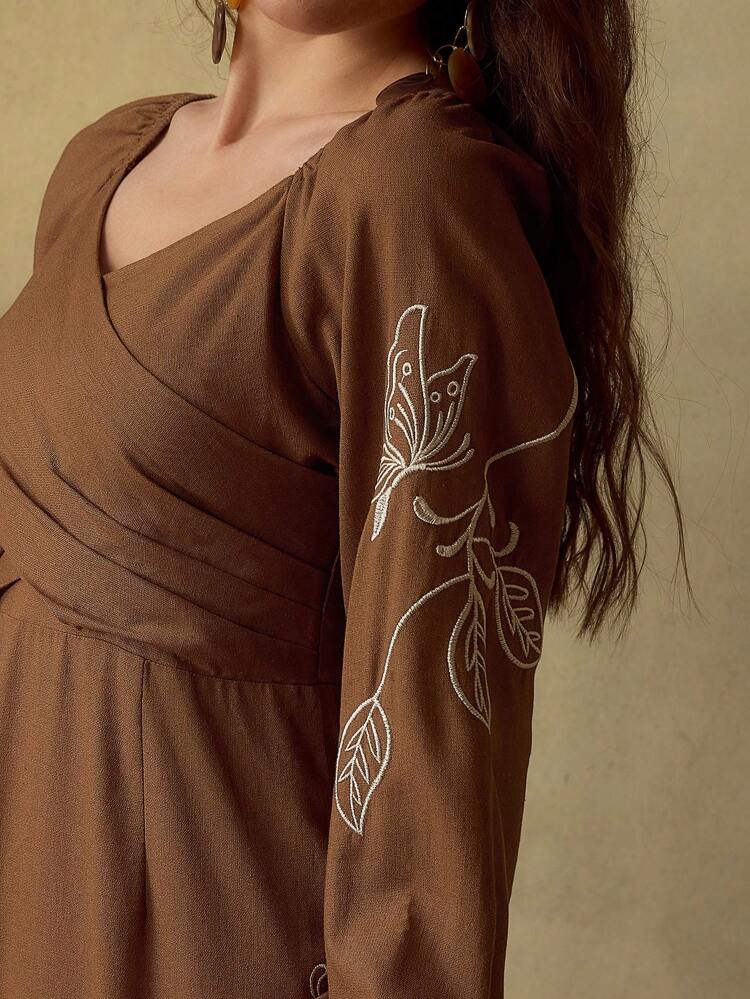 WOMEN'S LINEN FLORAL EMBROIDERY LONG SLEEVE FITTED DRESS, SUMMER VACATION BOHO CHIC