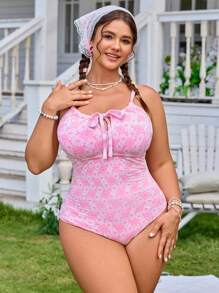 SHEIN Swim Curve 大码女式单件特制提花面料甜美胸前系带连体泳衣