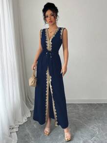 Chiquease 女士V领收腰连衣裙，无袖，优雅 - 藏蓝色 - 查看 4