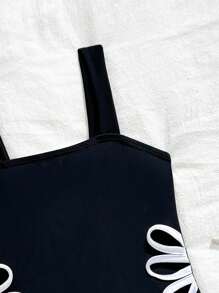 Sparklyn Young Girl Black And White Hollow One-Piece Swimsuit For Beach/Vacation