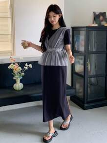 DAZY Gaun Midi Lengan Pendek Bermotif untuk Wanita, Musim Semi/Panas - Navy Blue - View 5