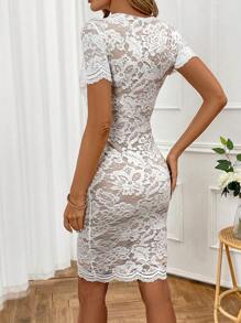 SHEIN Clasi Ladies' Round Neck Lace Fashion Short Sleeve Dress For Spring And Summer - White - View 7