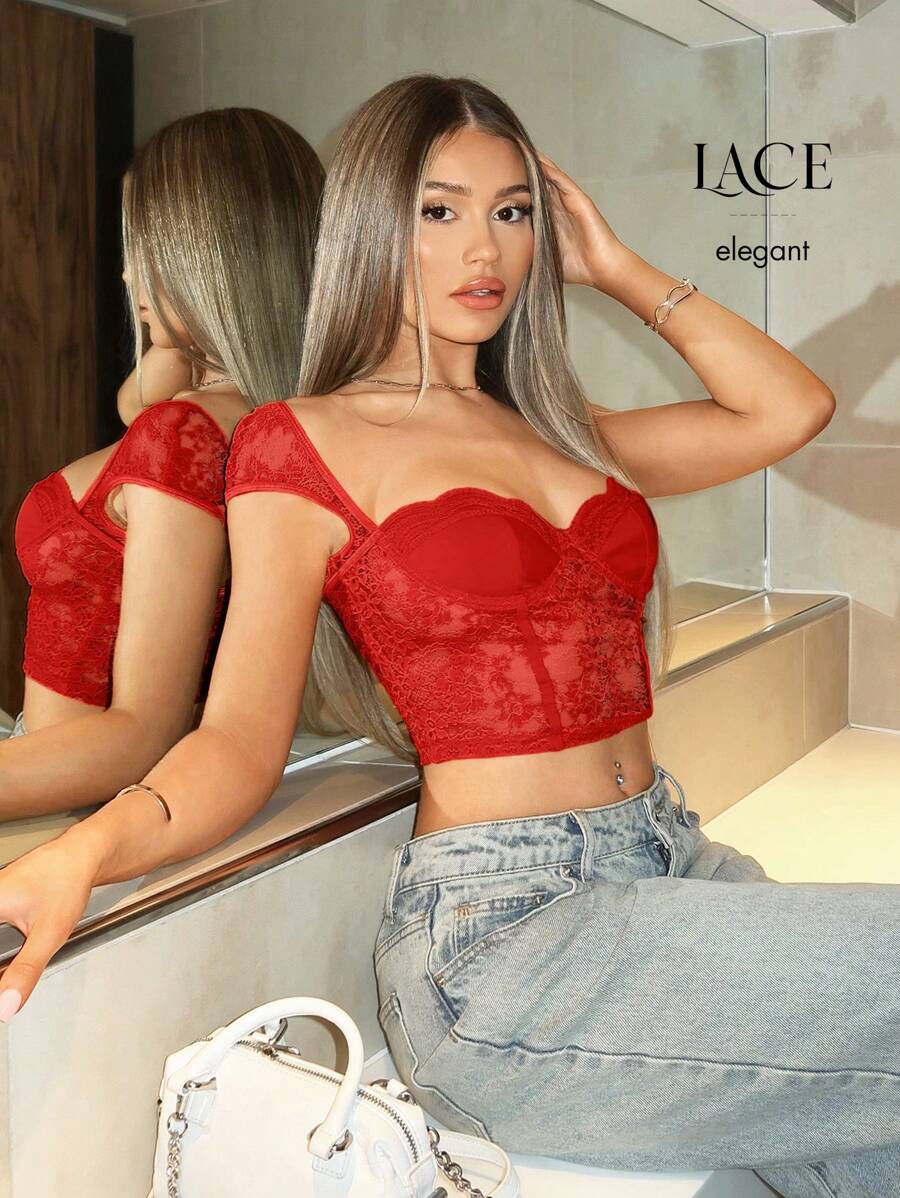 SHEIN BAE 音乐节方领蕾丝上衣、维多利亚秘密蕾丝背心、度假旅行短款上衣、可拆卸紧身胸衣上衣、音乐会服装 - 紅色 - 查看 1