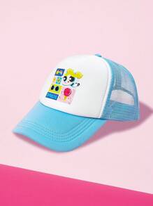 THE POWERPUFF GIRLS X SHEIN Adjustable Blue & White Cartoon Print Patchwork Baseball Cap - Blue - View 4