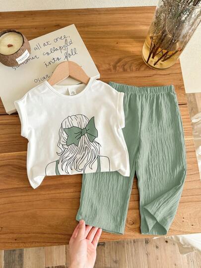 SHEIN LMoss Kids Babygirl Summer Cute Girl Print Top & Elastic Waist Blue Pants 2pcs Outfit