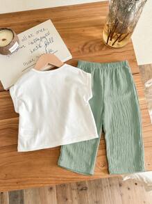 SHEIN LMoss Kids Babygirl 夏季可爱女孩印花上衣和松紧腰蓝色裤子两件套服装 - 綠色 - 查看 2