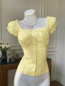 Comfortcana Summer Yellow Jacquard Woven Square Neck Shirt Top - Yellow - View 1