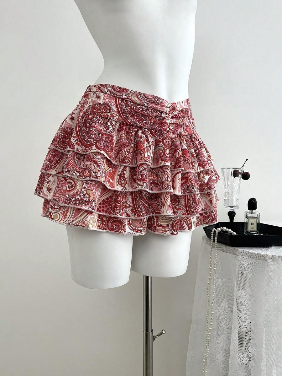SHEIN Unity 女士夏季彩色印花性感低腰多层荷叶边短裤 - 粉色 - 查看 1