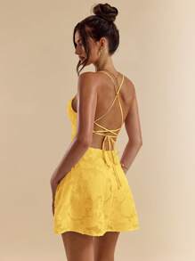 SHEIN BAE 女式纯色贴身露背迷你连衣裙，系带肩带，纹理 A 字款式，适合春夏季 - 黃色 - 查看 3