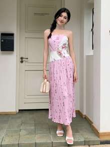 Breezaya 女士花卉印花褶饰 A 字型优雅连衣裙，适合日常通勤、度假 - 彩色 - 查看 3