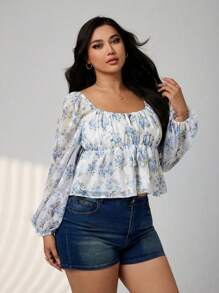 SHEIN ICON 大码女式花卉印花灯笼袖前系带休闲T恤 - 藍白色 - 查看 4