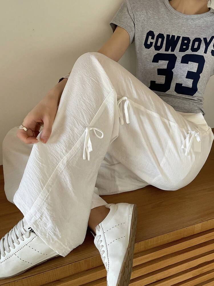 Women Casual Loose Bowknot Decor Long Pants, Summer New Style