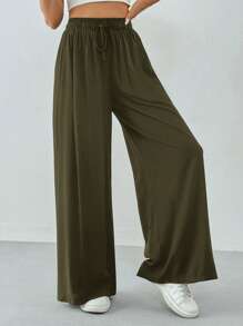 SHEIN Tall Women Spring/Summer Casual Solid Color Drawstring Wide Leg Pants,Cargo Pants - Army Green - View 3
