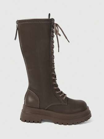 Goth Women's Knee-High Boots Fashionable Lace-Up Thick-Soled Chunky Heel Women's Boots
