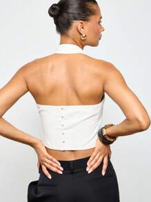 AiiRZ Blusa corta escotada con diseño cruzado al frente, detalle de botones en la espalda, versátil para fiestas, club, noche, ocasiones especiales, moda llamativa y elegante - Albaricoque - Ver 2