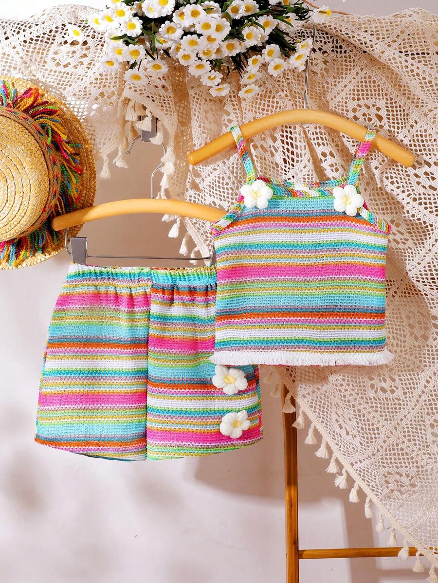 2 件套幼儿女童针织提花吊带上衣和短裤，舒适休闲沙滩装，优雅 3D 花卉图案，夏季