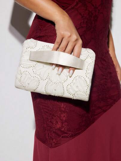 SHEIN BAE 女士水钻装饰手拿包，适合派对、节日、圣诞节等多种场合，白色