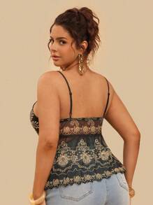 Travachic Maiou de plajă sexy cu imprimeu floral, model tropical, negru, tricotat, cu șnur frontal, pentru femei, mărime plus - Negru - Vizualizare 2