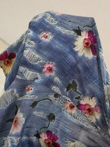 EMERY ROSE Plus Size Women's Summer Vacation Floral & Ripped Print Elastic Waist Belt Loose Shorts,Casual Holiday Style, Casual Holiday Outfits, Summer Fashion, Women's Summer Outfits, Mother's Day Outfits, Country Concert Outfits, Women's Boho Outfits, Women's Western Outfits, Women's Holiday Outfits, Women Summer Clothing Women Plus Clothing Business Casual Woman S Summer Clothes Women Plus Clothing Formal - Blue - View 6