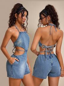 SHEIN EZwear 女士蓝色绑带露背吊带牛仔连体衣 - 藍色 - 查看 1