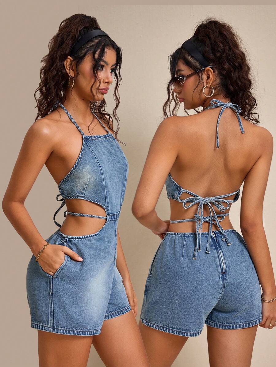 SHEIN EZwear 女士蓝色绑带露背吊带牛仔连体衣 - 藍色 - 查看 1