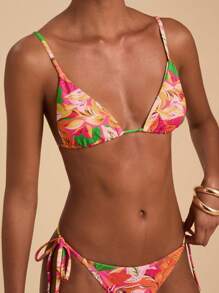Travachic Summer Women's Tropical Plant Print Halter Neck Spaghetti Strap All-Over Print Triangle Bikini Set,Swimsuits For Woman,Bathing Suits For Women - Multicolor - View 6