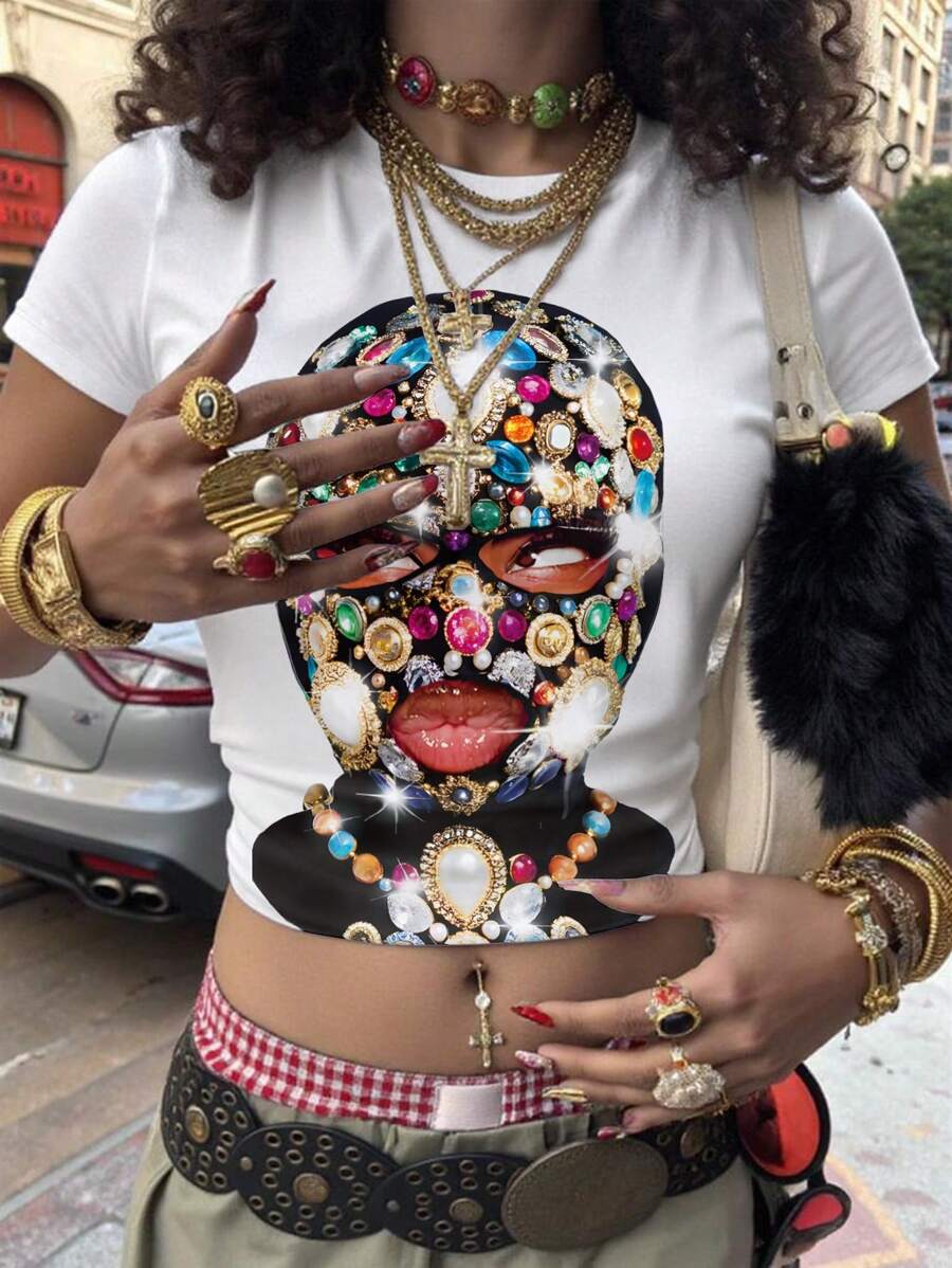 INAWLY Women's Y2K Retro Cartoon Print Round Neck Short Sleeve T-Shirt, Christmas - White - View 1