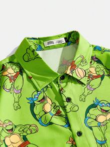 TEENAGE MUTANT NINJA TURTLES X SHEIN Camisa holgada informal de manga corta y tejido estampado para hombres en verano