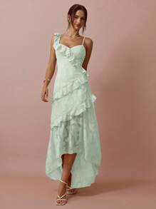 Enchnt Vestido de mujer con hombro asimétrico de volantes y bajo asimétrico de unicolor - verde menta - Ver 7