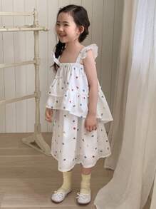 DAZY 2pcs/Set Young Girl Casual Polka Dot Ruffle Trim Top And Skirt Set, Summer - White - View 2