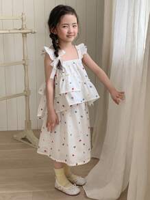 DAZY 2pcs/Set Young Girl Casual Polka Dot Ruffle Trim Top And Skirt Set, Summer - White - View 4