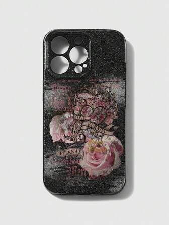 Kawaii 1 pièce Étui de téléphone noir à motif rose et bracelet de style gothique, compatible avec les modèles Apple 11, 12, 13, 14, 15 Pro Max et 16
