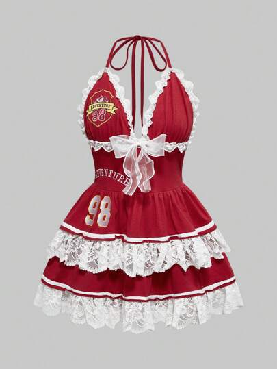 ROMWE Avant فستان كعكة بأسلوب اللمسات الدانتيل الشفافة المطرزة برسومات ذو طيات وياقة الوهم، بطراز سبورتي فينتاج وتصميم بالية انطباعي وجذاب للنساء