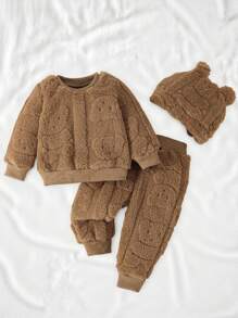 SHEIN Vintaside Kids 3-Piece Set For Baby Boys And Girls: Plush Teddy Bear Pattern Sweatshirt, Plush Sweatpants, And Plush Ear Hat, A Cute And Comfortable Set Suitable For Autumn/Winter Season, Great For Outdoor Trips Or Daily Indoor Wear