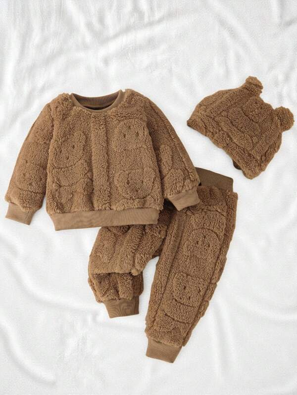 SHEIN Vintaside Kids 3-Piece Set For Baby Boys And Girls: Plush Teddy Bear Pattern Sweatshirt, Plush Sweatpants, And Plush Ear Hat, A Cute And Comfortable Set Suitable For Autumn/Winter Season, Great For Outdoor Trips Or Daily Indoor Wear