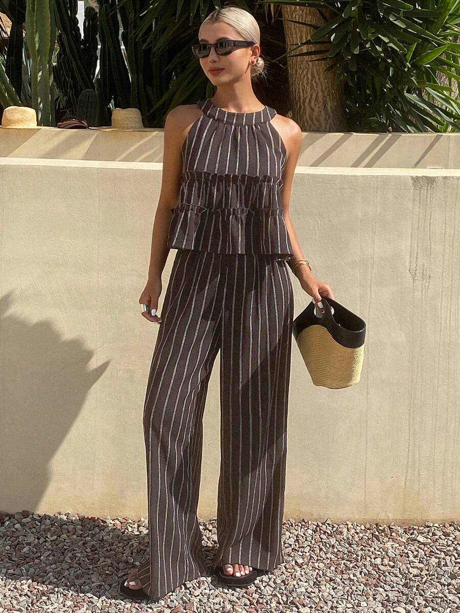 Livesso Setelan Kasual Wanita 2 Potong: Atasan Tanpa Lengan Berkerah Bulat Motif Garis-garis dan Celana Panjang dengan Hiasan Ruffle - Coffee Brown - View 1