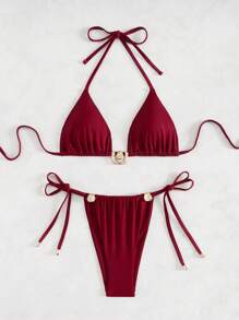 Swim SXY Red Triangle Top And Bottom Women's Red Bikini Swimsuit Set With Metal Accents, Vacation Style For Summer , Beach - Red - View 6